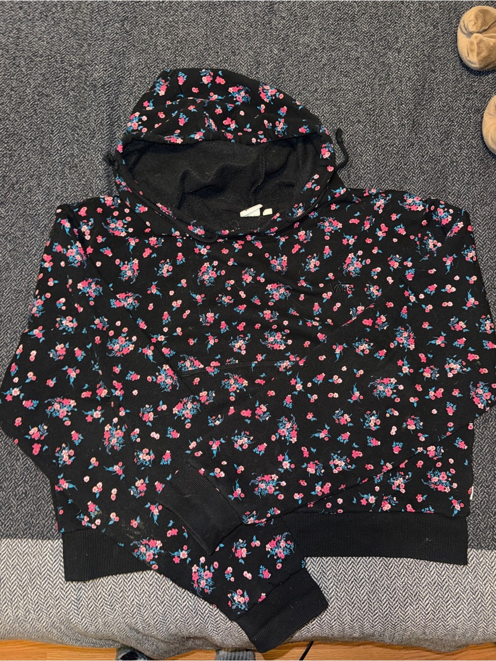 Vans Black Hoodie with Pink & Blue Floral Print